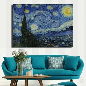 NEW!! HUGE 40"x60" Van Gogh Starry Night Canvas Wall Art Print HAND EMBELLISHED